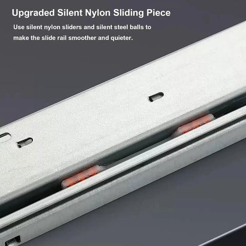 Close-up of undermount drawer slides beefy heavy duty soft close full extension ball bearing rails for cabinet kitchen dresser.
