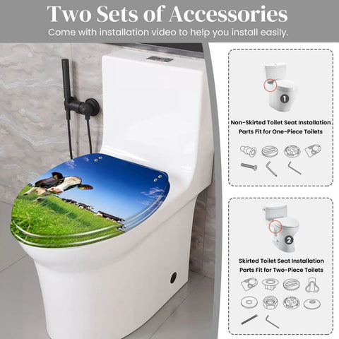 Elongated Toilet Seat with Quiet Close Quick Release installed on toilet, showing two sets of installation accessories.