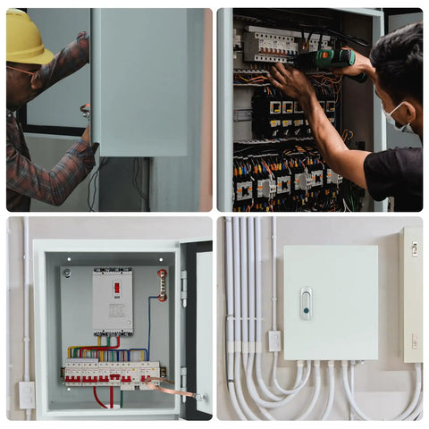 Four images showing professionals installing and wiring a Rugged Electrical Junction Box For Indoor And Outdoor Use Wall Mounted Waterproof Dustproof Metal Enclosure With Safety Locks And Mounting Plates 1mm Thick Cold Rolled Steel Construction.