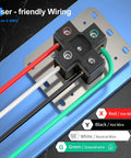 Close-up of wiring setup for Beefy 50 Amp EV Outlet 14 50R Receptacle For 240V Level 2 Charging, showing wire color guide.