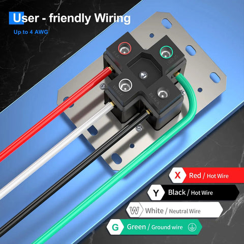 Close-up of wiring setup for Beefy 50 Amp EV Outlet 14 50R Receptacle For 240V Level 2 Charging, showing wire color guide.