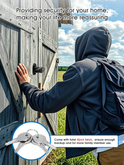 Person installing Heavy Duty Shed Door T Handle Lock Latch Kit With Four Keys For Barn Coop Storage Doors on wooden shed.