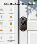 Robust As Hell Slick Fingerprint Smart Door Lock With Keypad And Touchscreen Automatic Deadbolt Oil Rubbed Bronze Finish showing features on a door.
