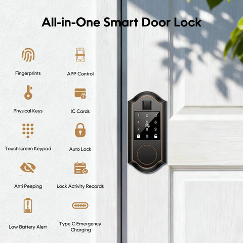 Robust As Hell Slick Fingerprint Smart Door Lock With Keypad And Touchscreen Automatic Deadbolt Oil Rubbed Bronze Finish showing features on a door.