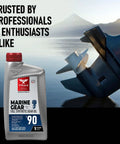 Beefed Up Full Synthetic Marine Gear Oil SAE 90 for all stern drives with bottle and outboard motor in scenic background