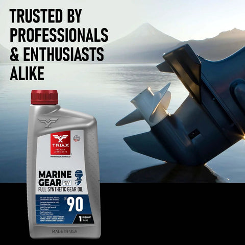 Beefed Up Full Synthetic Marine Gear Oil SAE 90 for all stern drives with bottle and outboard motor in scenic background