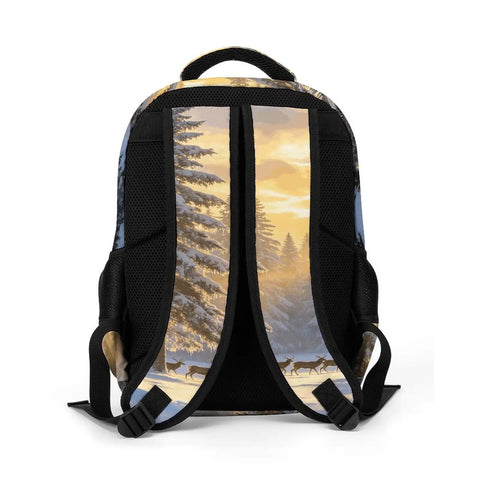 Winter Icicle Deer Woodland Printed Unisex Backpack back view showing straps and durable polyester construction.