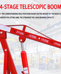 Close-up of heavy duty 2 ton folding hydraulic engine hoist's 4-stage telescopic boom for adjustable lifting capacity.