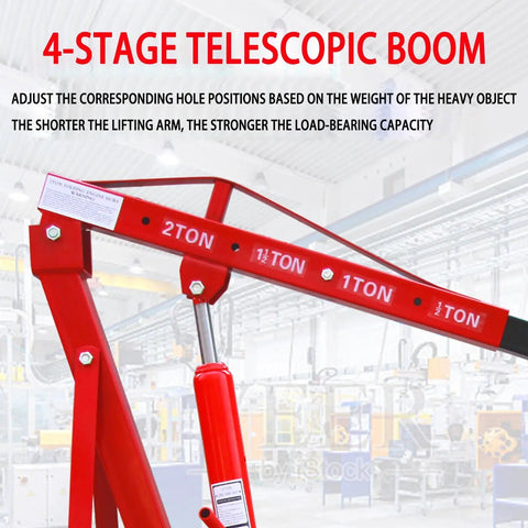 Close-up of heavy duty 2 ton folding hydraulic engine hoist's 4-stage telescopic boom for adjustable lifting capacity.
