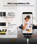 Pro Grade Wireless Lavalier Mic Set With Dual Transmitters And Receiver displaying battery life on smartphone