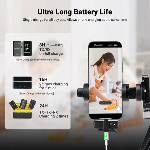 Pro Grade Wireless Lavalier Mic Set With Dual Transmitters And Receiver displaying battery life on smartphone