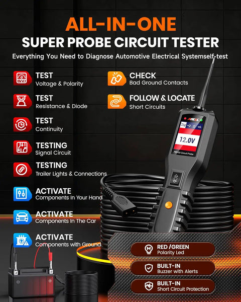 All In One Power Circuit Tester For 6 To 30V Vehicle And Trailer Electrical Diagnosis With Voltage Polarity Continuity Signal Verification Bad Ground Detection Component Activation Short Detection And Digital Voltmeter Ohmmeter With 40 Ft Cables