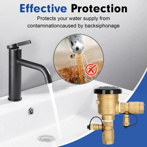 Front view of brass 3/4-inch backflow preventer for irrigation with outdoor faucet/hose bib