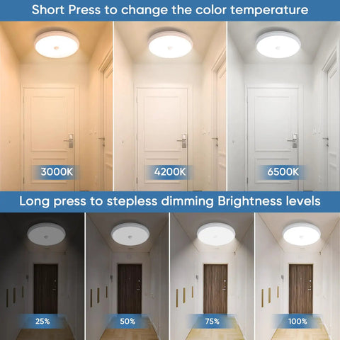 Flush Mount RGB Ceiling Light 12 Inch 24W with Remote dimming brightness and color temperature options in hallway