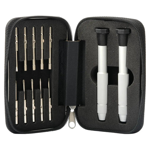 12 Piece Eyeglass Repair Tool Kit For Glasses Watches Phones And Clocks Compact Travel Pocket With Precision Mini Screwdriver Set 2 Multi Use Sockets And 10 Bits in open zipper case
