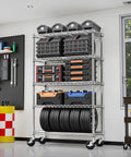 Heavy Duty 5 Tier Wire Shelving Unit With Rolling Caster Wheels Rock Solid Metal Storage Rack holding tools and tires in a garage.