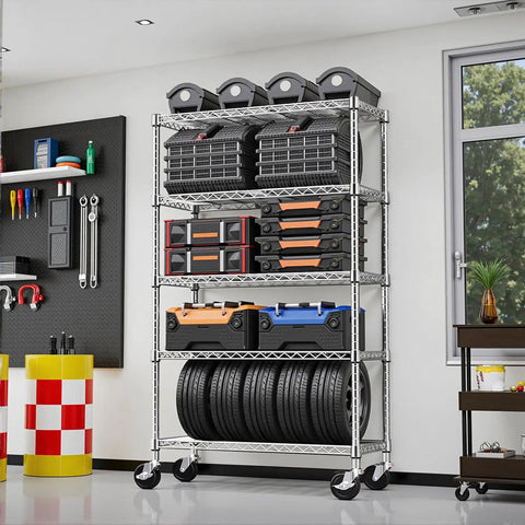 Heavy Duty 5 Tier Wire Shelving Unit With Rolling Caster Wheels Rock Solid Metal Storage Rack holding tools and tires in a garage.