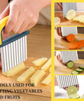 Front view: YGDZ stainless steel wavy crinkle cutter with blue-yellow handle; two-pack for vegetables and fruits