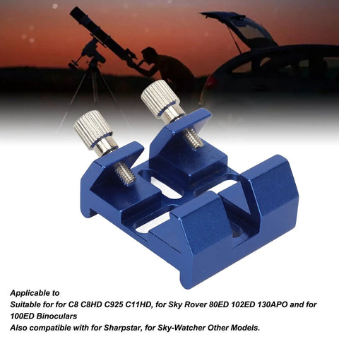 Close-up of blue Universal Dovetail Base For Finder Scope Mount Bracket Fits C8 C8HD C925 C11HD And Sky Rover 80ED 102ED 130APO 100ED Telescopes Dual Thumbscrew Locks Stable Plate Built Tough For Sharpstar And SkyWatcher Setups Blue with dual thumbscrew locks against a silhouette of a person using a telescope.