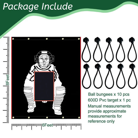 Package contents for 6x8 Feet Baseball And Softball Backstop With Strike Zone Black Vinyl Batting Cage Backdrop And Net Saver.