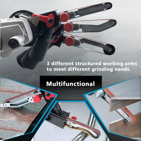 Solid Belt Sander Attachment For Angle Grinder Fits 4 5 Inch Tools And US 5 8 To 11 Thread showing three adjustable working arms for versatile grinding.