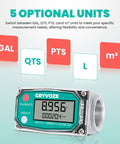 1 Inch Digital Turbine Fuel Flow Meter Inline NPT, 2.6-26 GPM, With 3/4 Inch Adapters, dry environment, 5 measurement units