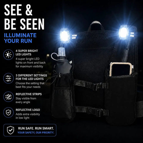 Hands Free Hydration Running Vest With 500ml Soft Flask BPA Free PVC Free Reflective Gear Adjustable Unisex Fit 4 LED Lights