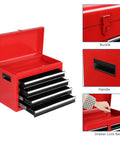 Five Drawer Rolling Tool Chest With Lockable Wheels Detachable Top And Adjustable Shelf Plus Bottom Cabinet For Heavy Duty Garage Workshop Shop And Warehouse Tool Organizer, red metal, open drawers and lock bar