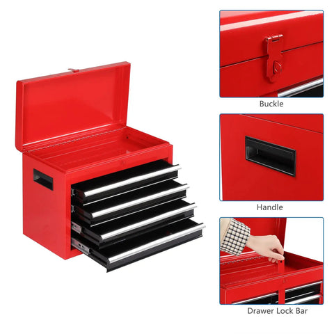 Five Drawer Rolling Tool Chest With Lockable Wheels Detachable Top And Adjustable Shelf Plus Bottom Cabinet For Heavy Duty Garage Workshop Shop And Warehouse Tool Organizer, red metal, open drawers and lock bar