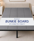 Queen Size Bunkie Board 60 X 80 Featuring Zipper Secured Panels For Zero Sag Mattress Support Tight Grip Bed Foundation Base And Foldable Platform Setup on a metal frame.