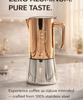 Premium Italian Espresso Maker 12 Cup Moka Pot In Stainless Steel With Copper PVD Finish Induction Compatible 20 Oz