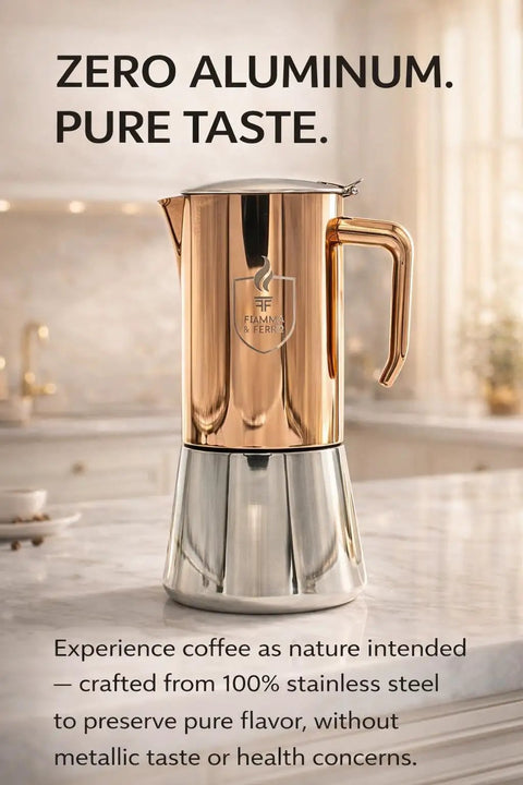 Premium Italian Espresso Maker 12 Cup Moka Pot In Stainless Steel With Copper PVD Finish Induction Compatible 20 Oz