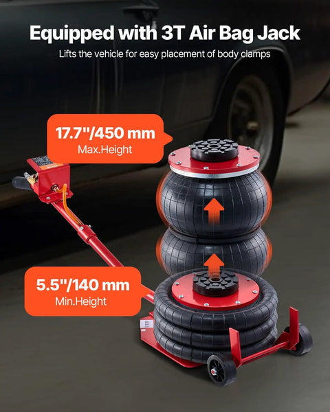 3T Airbag Jack from 6T Auto Body Frame Puller Straightener With 3T Airbag Jack And 6000 PSI Hydraulic Foot Pump Includes 16 Straightening Tools For Sedans, SUVs, And Pickups, Beefy Pro Grade Car Repair Equipment For Shop