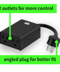 Long Range Z Wave Outdoor Dual Outlet Plug ZEN14 Hub Required Works With Z Box Home Assistant And Hubitat IP65 Weatherproof Outdoor Outlet Dual Control No Dimming 15 Amp Total Load showing two outlets and angled plug.