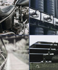 Montage of motorcycle engine, metal bolts on beams, suspension bridge cable, and industrial metal structures.