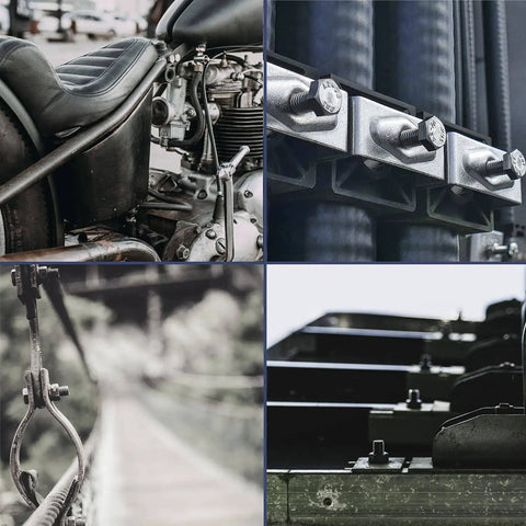 Montage of motorcycle engine, metal bolts on beams, suspension bridge cable, and industrial metal structures.
