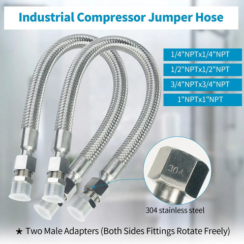 Badass Industrial Grade Stainless Steel Compressor Jumper Hose with various sizes and full spin swivel fittings.
