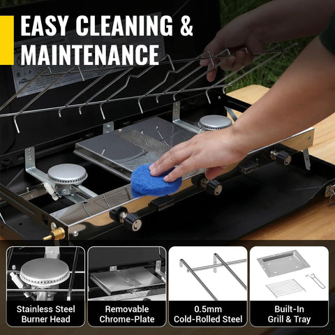 Cleaning Portable Three Burner Propane Camping Stove With Regulator Push Button Ignition Adjustable Burners And Wind Guards