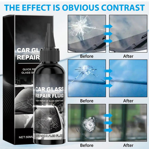 Two Piece Windshield Crack Repair Kit With Glass Repair Resin For Chips And Cracks Quick Fix In About Twenty To Thirty Minutes Brings Back Clarity And Strength DIY Auto Glass Repair For Cars Trucks SUVs bottle and before-after images showing glass repair effectiveness