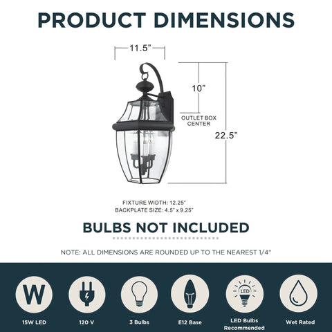 Dimensions diagram for Newbury 23 Inch Outdoor Wall Lantern, showing fixture width, height, and backplate size.
