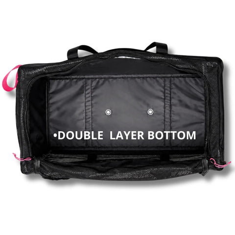Double layer bottom of XL Mesh Duffle Dive Bag Packable Roll Up 100L For Scuba Snorkeling Gear Quick Dry Lightweight With Reinforced Bottom And Drain Vents Ideal For Beach Pool Boat And Travel