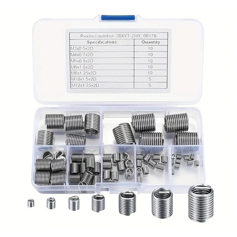 60 Piece Stainless Steel Thread Insert Kit For Repairing Damaged And Stripped Threads, coiled sleeve set in plastic case