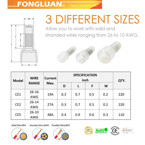 All In One 550 Piece Closed End Crimp Connectors Kit For Auto Wiring 24 To 10 Gauge Copper Core Nylon Wire Terminals detail.