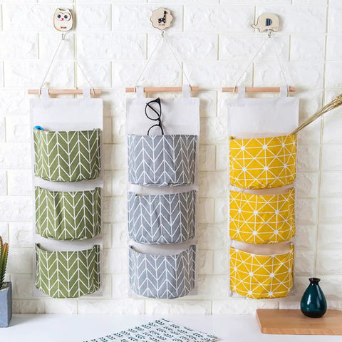 Score Major Closet Wins With This Over Door Hanging Shoe Organizer Bag Crafted From Soft Cotton Linen Featuring Roomy Pockets For Smart Bedroom Bathroom And Garage Storage Solutions. Multi-pocket organizer in green, gray, and yellow.