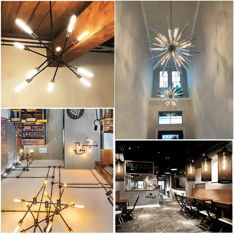 Elegant lighting using Dimmable 6W Tubular LED Bulb For Cabinets And Display Areas Soft White 3000K Clear Glass E26 Base in various settings.