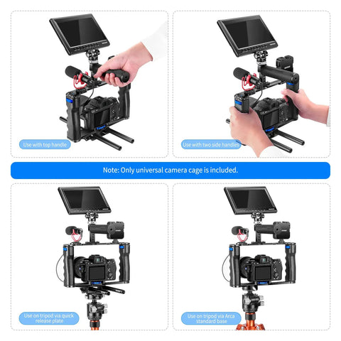 Aluminum Camera Cage Filmmaking Rig With Top Handle And Dual Grips Arca Type Base Universal Compatibility setup examples.