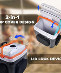 32 Quart Electric Car Cooler Warmer With Smooth Rolling Wheels features 2-in-1 lid design and lid lock device for secure use.