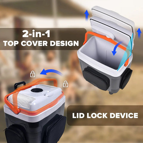 32 Quart Electric Car Cooler Warmer With Smooth Rolling Wheels features 2-in-1 lid design and lid lock device for secure use.