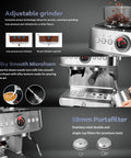 Semi Automatic Espresso Machine With Built In Grinder And Quick Milk Frother 20 Bar Pressure, adjustable grinder and microfoam details.