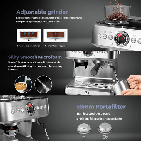 Semi Automatic Espresso Machine With Built In Grinder And Quick Milk Frother 20 Bar Pressure, adjustable grinder and microfoam details.